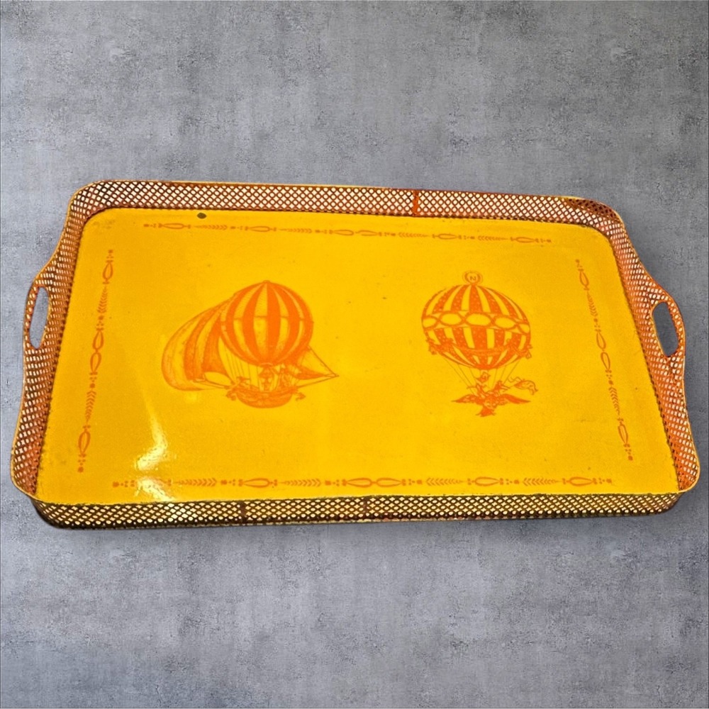 Vintage Italian Metal Tray Painted Hot Air Balloon Yellow 26x17 Rustic Decor